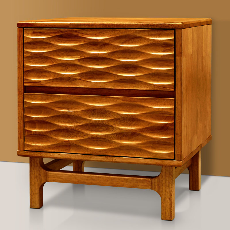 Elara Solid Wood 2-Drawer Nightstand with Carved Wood Grain – Mid-Century Modern Bedside Table for Bedroom or Living Room, 5 Years Warranty