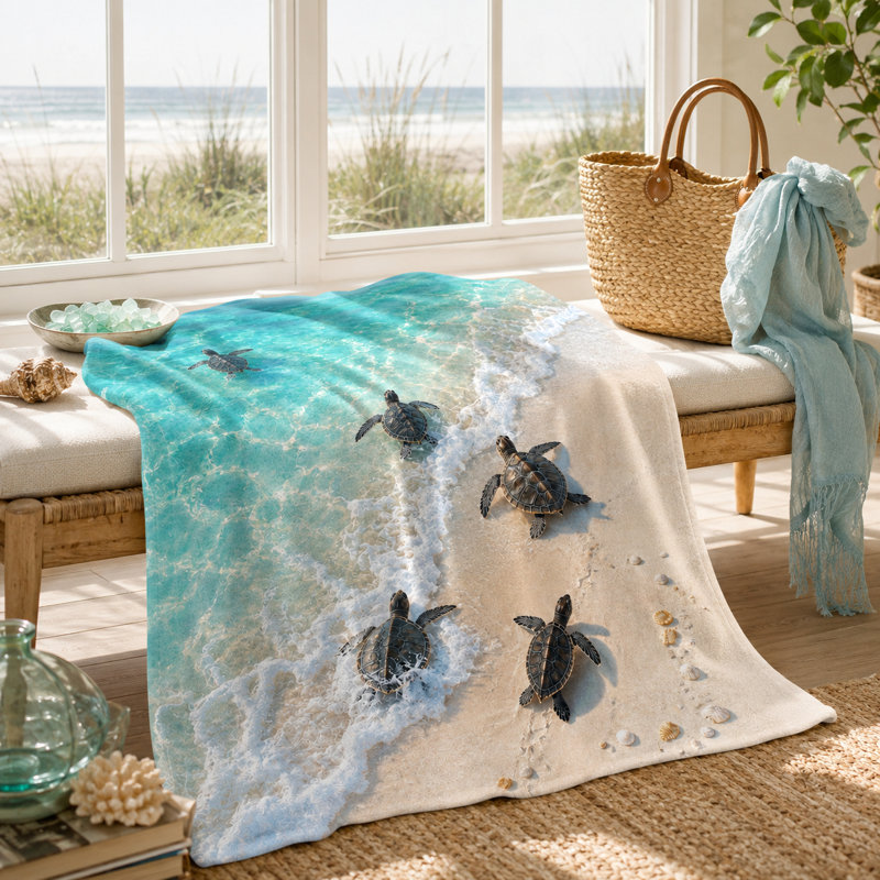 Sea Turtle Shoreline Blanket, Tropical Beach Scene with Ocean Waves, Sand and Shells, Flannel Material for Sofa, Bed, Coastal Room, Reading and Travel, 40 x 50 in