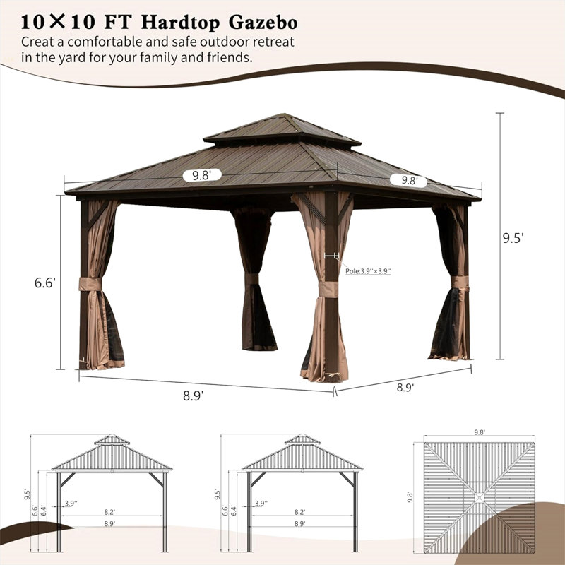 10' X 10' Hardtop Gazebo, Aluminum Metal Gazebo With Galvanized Steel Double Roof Canopy, Curtain And Netting, Permanent Gazebo Pavilion For Party, Wedding, Outdoor Dining, Brown