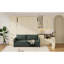 Grand lit escamotable mural avec rangement hydraulique, canapé, tablettes et tiroirs, éclairage DEL / USB, panneau crème, canapé vert