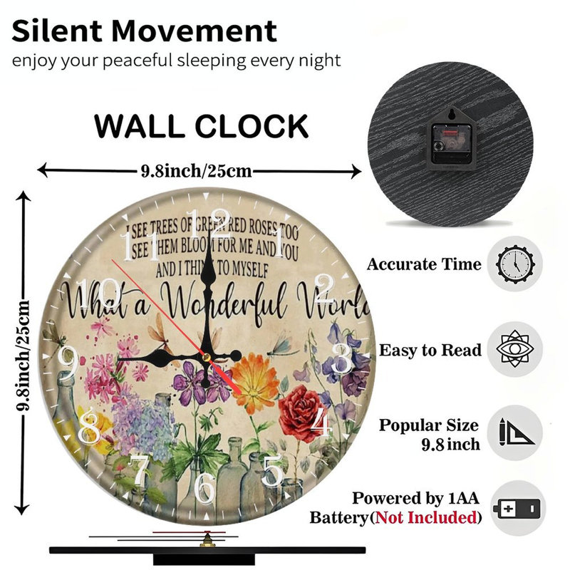 Horloge murale en bois 10 po, mouvement silencieux, à piles (piles AA non incluses), décor artistique, parfait pour les décorations