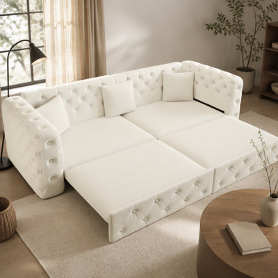89" Extra Large Multifunctional Sofa Bed, 3-in-1 Pull Out Sofa, 4-Seater Classic Velvet Sofa with Tufted Design, Includes 3 Throw Pillows, Suitable for Apartments and Living Rooms, Beige&White
