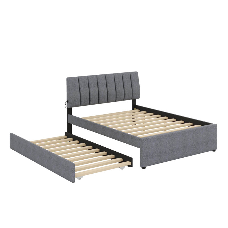 Lit plateforme tapissier Teddy, Gris, Lit double