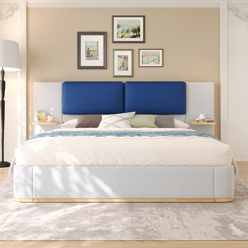 Lit plateforme tapissier avec panneau, Bleu/gris, Très grand