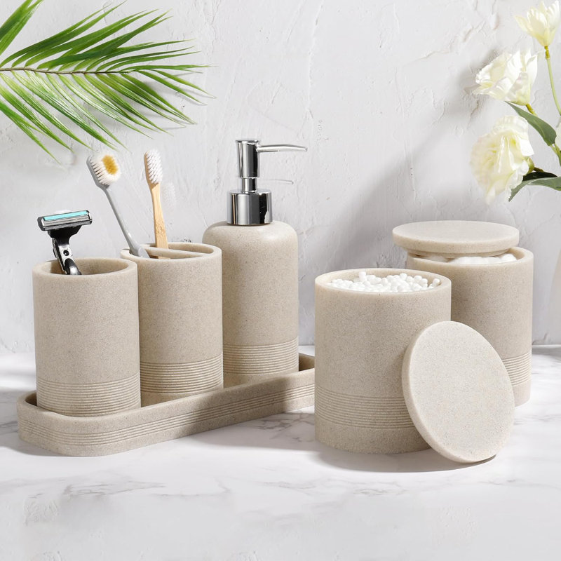 Ensemble d'accessoires de salle de bain 6 pièces avec organisateur et plateau de coiffeuse beige