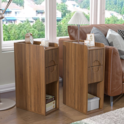 Fluted End Table Set With Drawers(set Of 2), Farmhouse Side Table With Storage