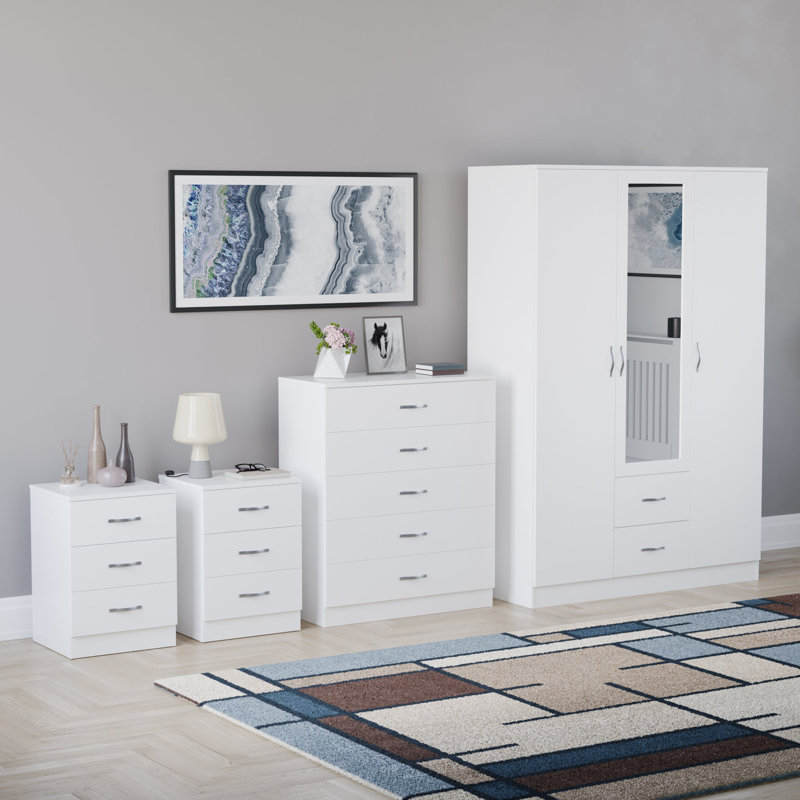 Tayce 4 Piece Bedroom Set (3 Drawer Bedside Chest X2, 5 Drawer Chest, 3 Door 2 Drawer Mirrored Wardrobe), White