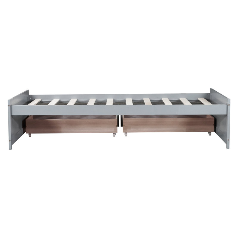 Lit simple avec 2 tiroirs, lit en bois d'hévéa massif, gris