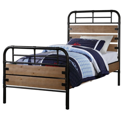 Twin Panel Bed With Metal Frame And Wooden Panels, Require Box Spring, Low Profile Fb, 6 Slats, New Pine Wood, , Ply, Metal, Oak Color, 81.28 In Depth