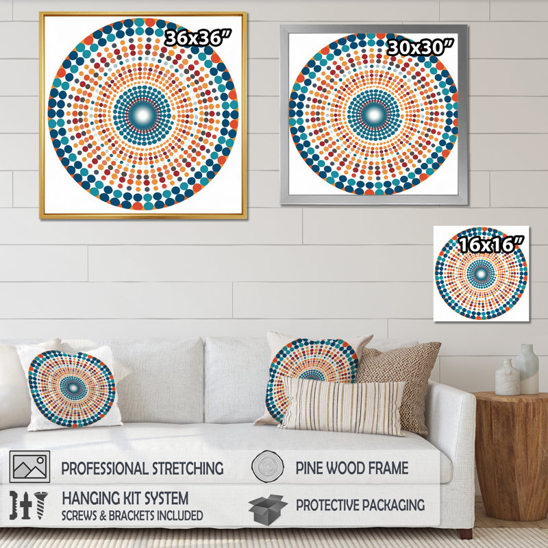 Boho Mandala en rétro bleu et orange I sur impression sur toile, Cadre doré à une seule photo, H 30 po x l 30 po x P 1 po