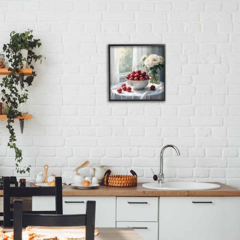 Giclée encadrée cerises et fleurs, Giclée encadrée noir minuit, H 12 po x l 12 po