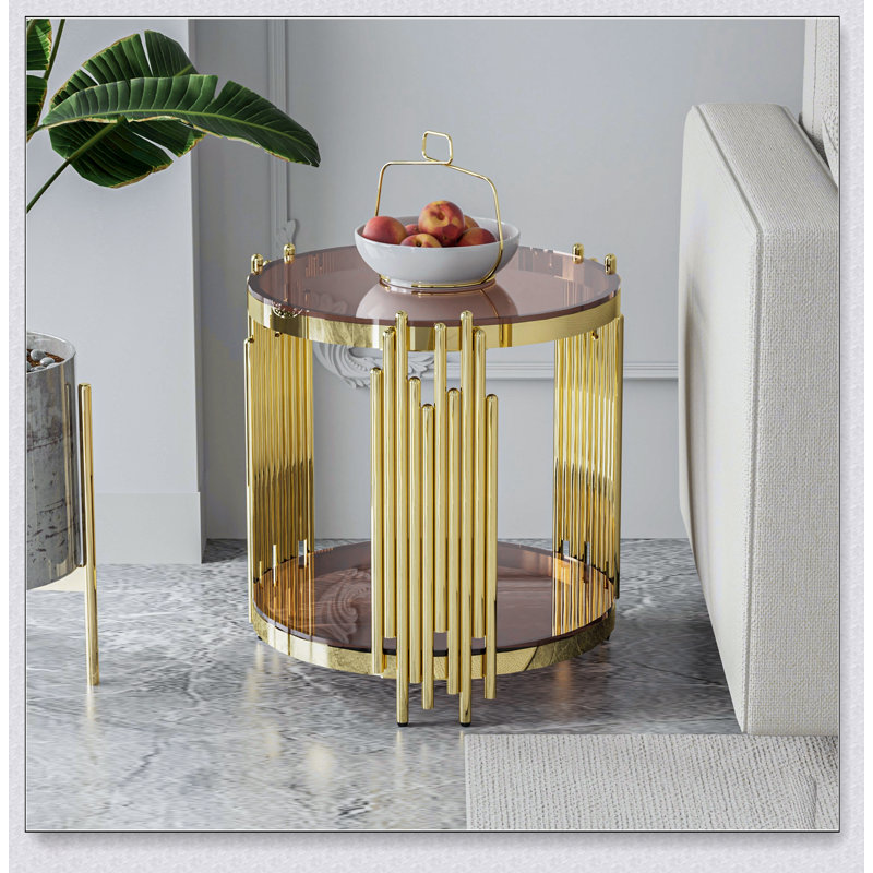 Table de bout de luxe moderne de 19,69 pouces avec pieds en acier inoxydable et brun de 8 mm pour le salon