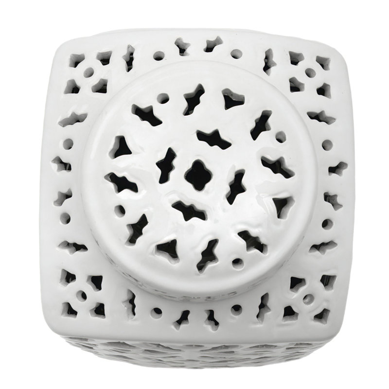 12" Antique White Carved Square Ginger Jar