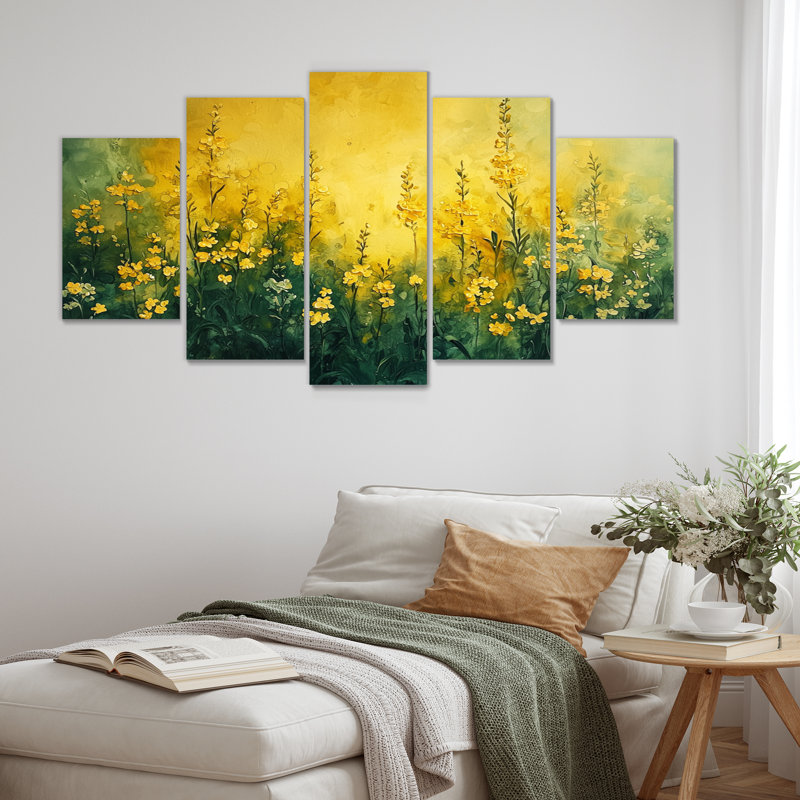 Fleurs dorées dorées, horizon verdâtre II - Art mural fleurs sauvages - Décoration murale traditionnelle diamant