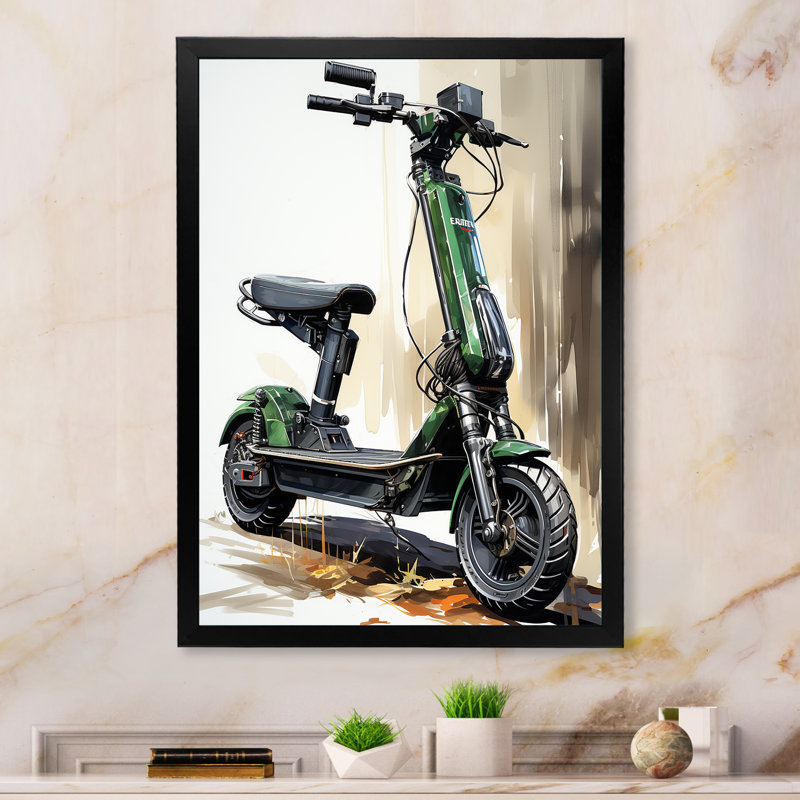Chieu vert scooter électrique sur toile, Cadre photo noir, H 40 po x l 30 po x P 1,5 po