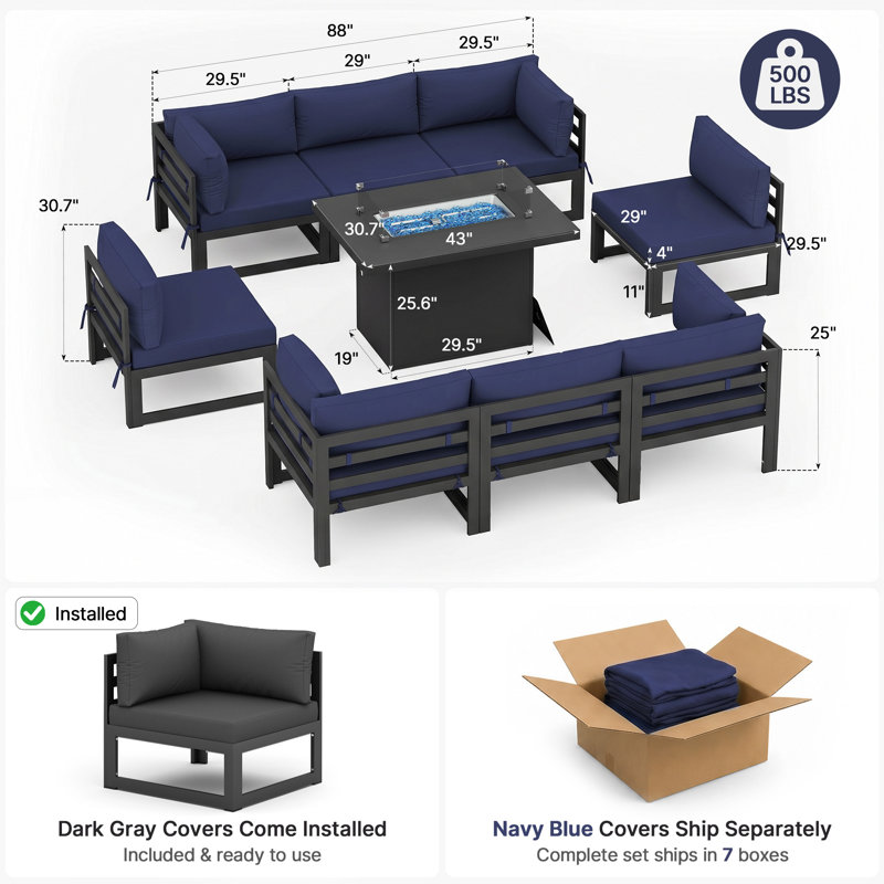 Anevaeh 8-Person Outdoor Patio All-Aluminum Sectional Conversation Set with Fire Pit Table and Cushions, Gray, Navy Blue