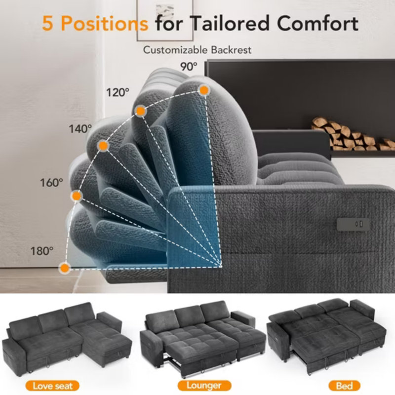 Canapé-lit futon convertible de 71 pouces, canapé moderne avec dossier et accoudoirs réglables, Gris chenille