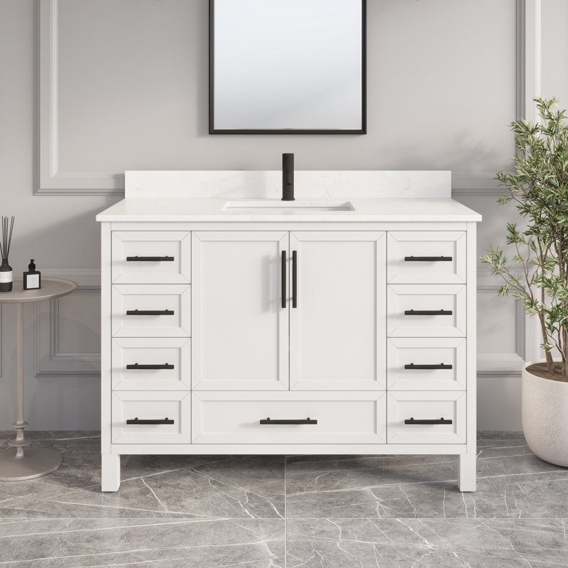 Meuble-lavabo simple en bois massif l 48 po x P 22 po Houston II avec rangement discret et plateau en pierre reconstituée