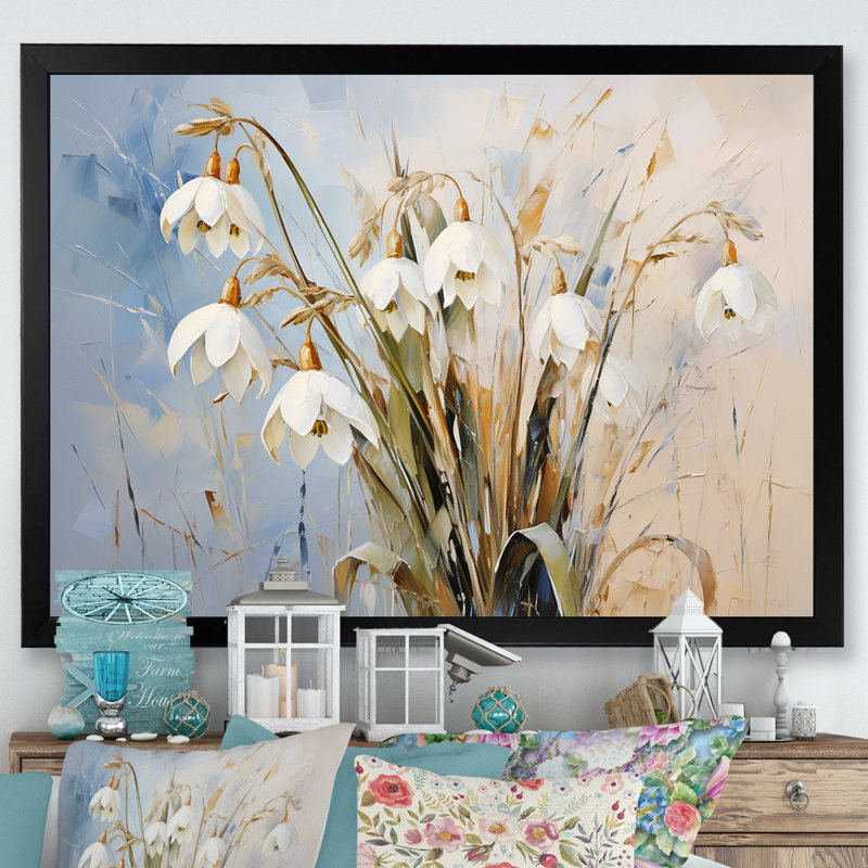«White and Blue Snowdrops Simplicity II», reproduction sur toile, Cadre simple noir, H 34 po x l 44 po x P 1,5 po