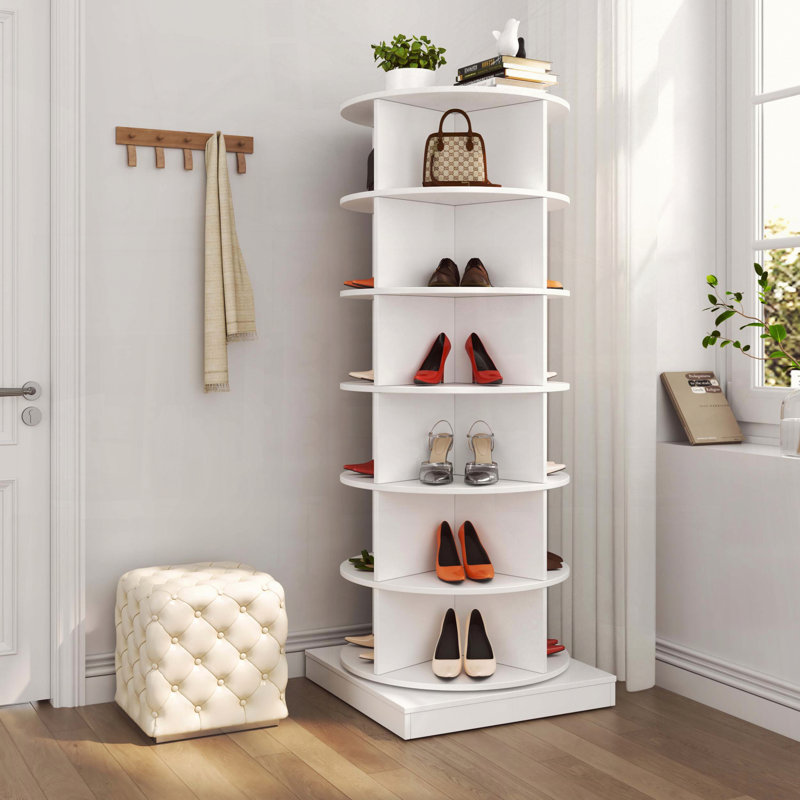 Gray 360 Rotating 6-Layer Shoe Cabinet, White, 56.14" H x 23.6" W x 23.6" D