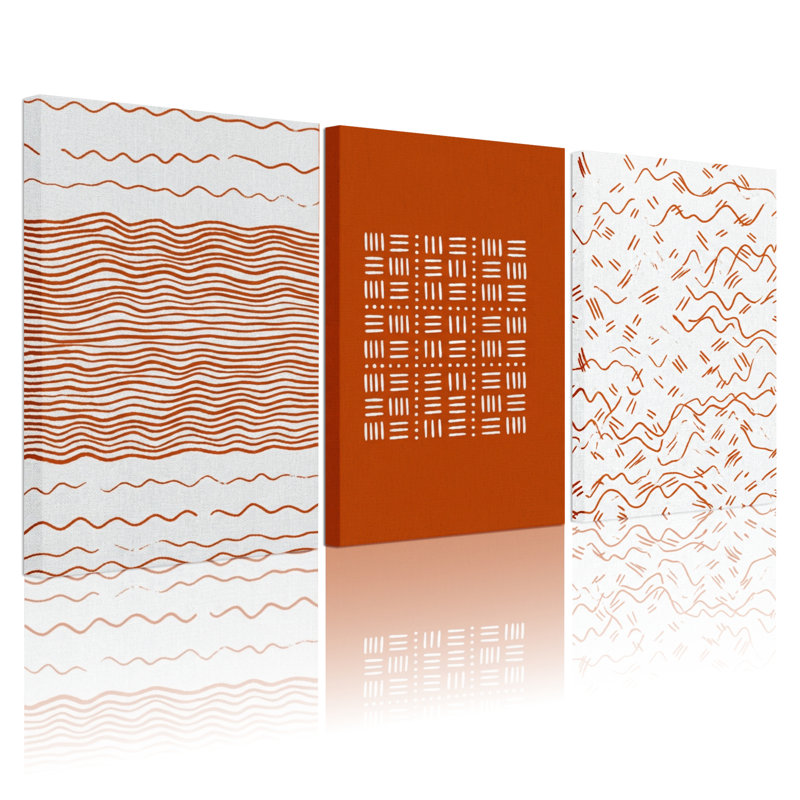 Ensemble de 3 tableaux sur toile à motifs géométriques et lignes ondulées abstraites, idéal pour la décoration du salon, de la chambre ou du bureau.