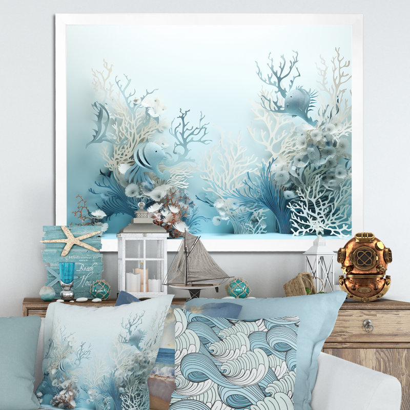 «Blue and White Sea Dragons Dance Collage I», reproduction sur toile, H 24 po x l 32 po x P 1 po, Cadre photo blanc