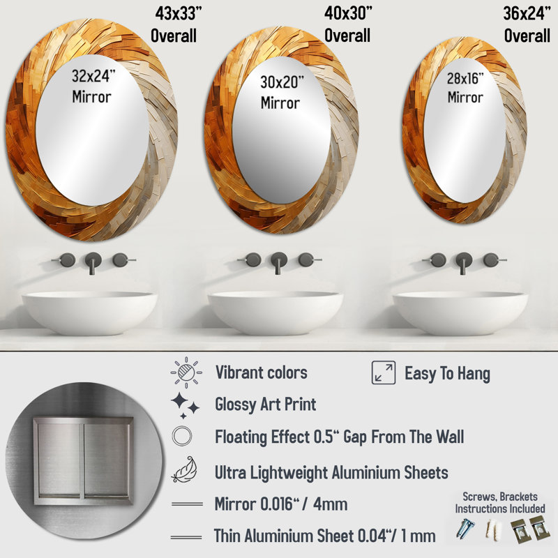 Gold Beige Spiral Poteries I - Large Oval Wall Mirror On Metal, 40" x 30"