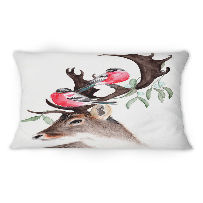 Cerf avec deux bouvreuils rouges - Coussin décoratif imprimé traditionnel 1