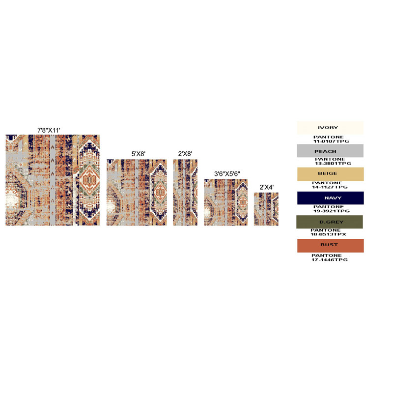 Tapis rouge / orange / bleu, Rectangle de 5 pi x 8 pi