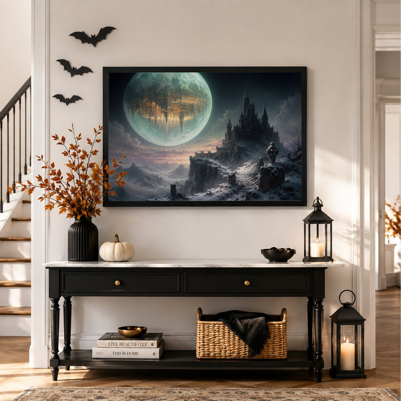 Château gothique fantastique sur une falaise enneigée sous une toile géante d'Halloween, 20"H x 30"W