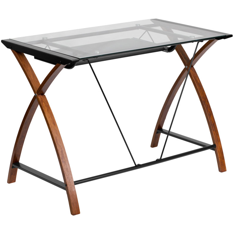 Glass Computer Desk with Pull-Out Keyboard Tray and Crisscross Frame, Clear/Wood Grain