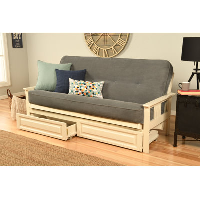 La base de futon pleine grandeur Stratford comprend des tiroirs de rangement et un matelas