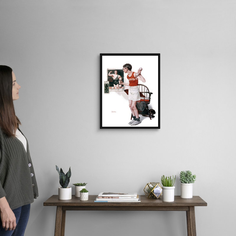 «Norman Rockwell Boy Lifting Weights», art mural sur toile, H 22 po x l 18 po x P 1,75 po, Cadre flottant noir