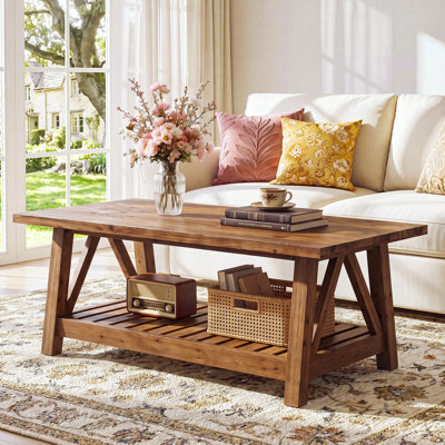 Solid Wood Coffee Table with 2-Tier Storage, 47.24" Farmhouse Center Table for Living Room