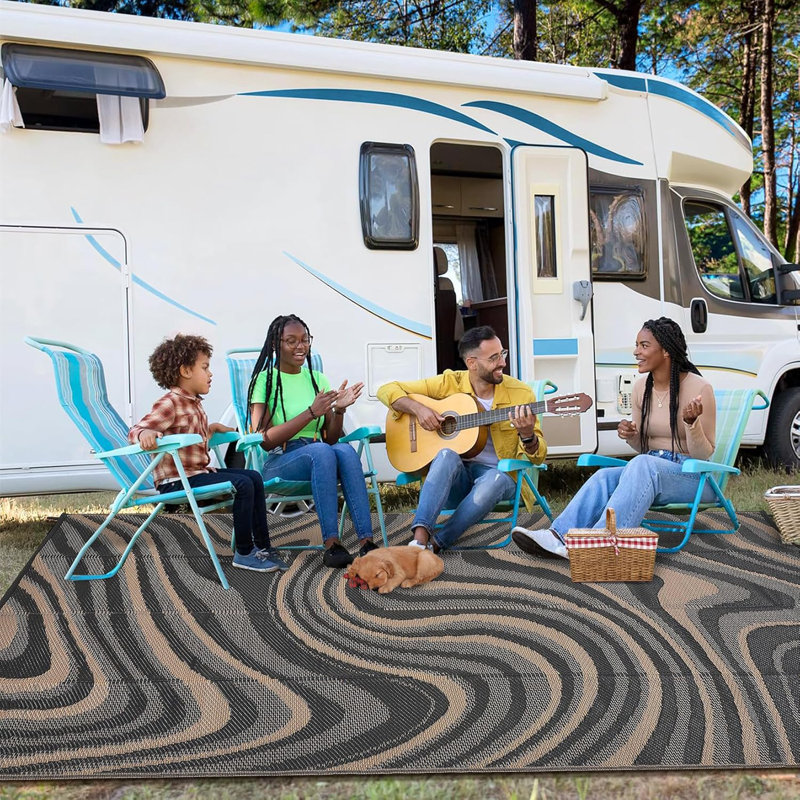 10X20 Area Rugs Outdoor Waterproof Rug, Modern Plastic Straw Rug With Portable Bag, Foldable Lightweight Reversible UV Resistant Mats For Backyard, Picnic, Beach, RV, Porch, Black Coffee