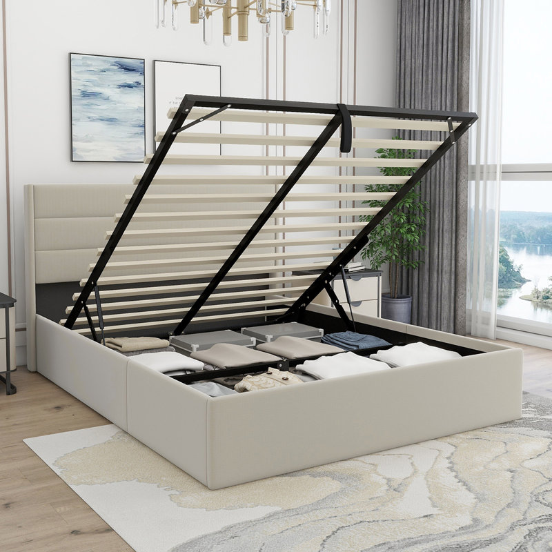 Denicolais Hydraulic Lift Up Upholstered Storage Bed with Wingback  Headboard, Queen, Beige