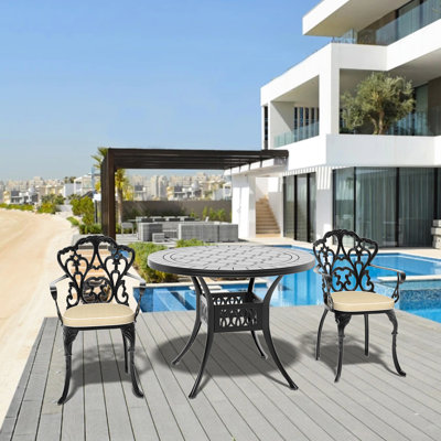 3 terrasses d'extérieur en noir - aluminium, coussins, meubles en aluminium décoloré ergonomiques, avec coussins