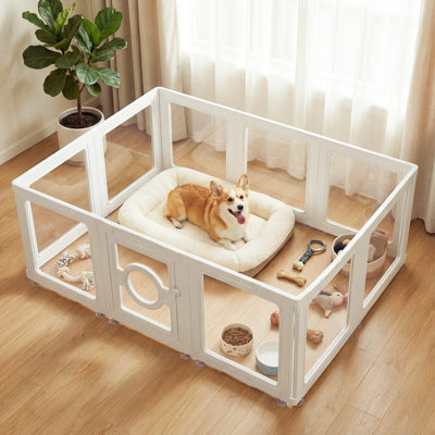  Indoor Clear Acrylic Dog Playpen for Small Pets, Transparent Plastic Pet Fence, White, 10 Panels
