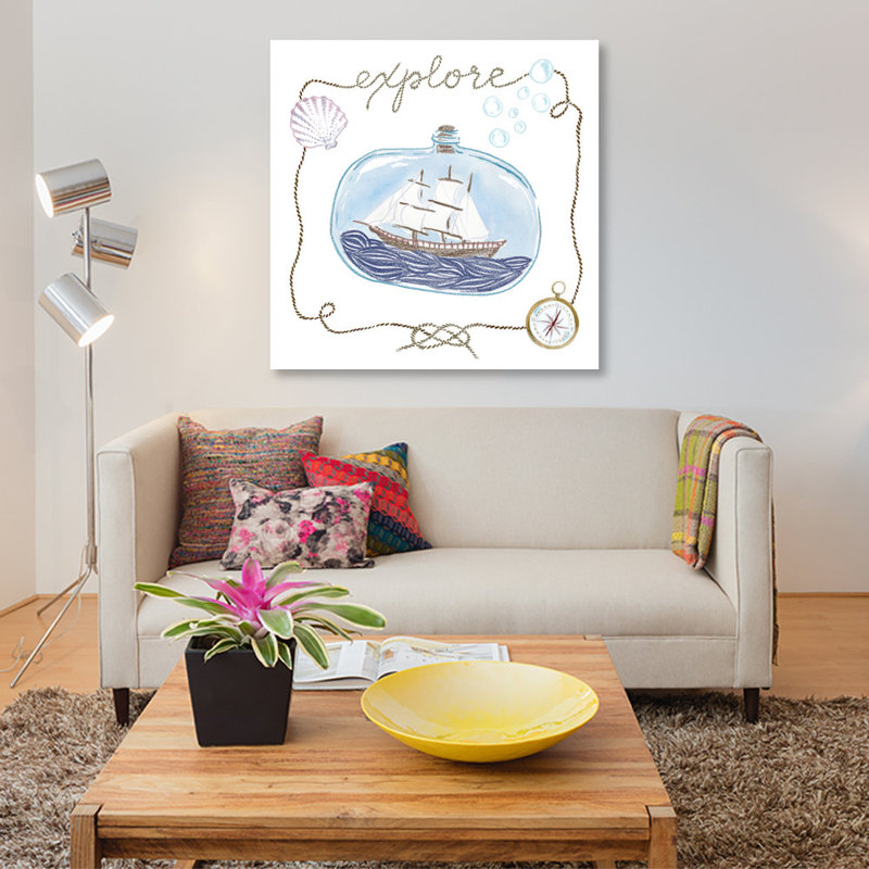 « explore », peinture sur toile tendue Ship In a Bottle Series, H 12 po x l 12 po x P 1,5 po, Toile tendue, Pas de tapis