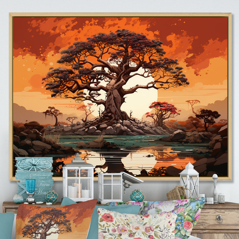 Baobab africain au coucher du soleil sur toile, Cadre flottant naturel, H 30 po x l 40 po x P 1,5 po