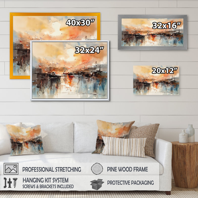 «Orange and Brown Harbor Reflections», reproduction sur toile encadrée, Noir, H 12 po x l 20 po x P 1 po