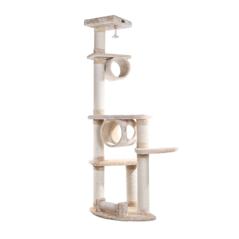 Beige Faux Fur and Sisal 74'' Cat Tree with Multiple Perches