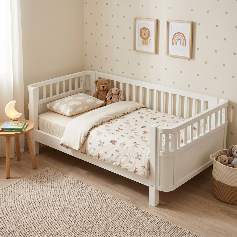 Low Profile Kids Platform Bed with Safety Rails, Removable Guardrail Toddler Bed Frame, Wood Slat Support, White, Twin, Twin