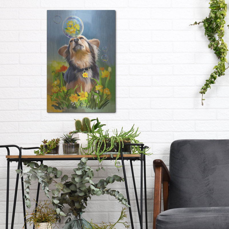  «Chien jouant avec une bulle de savon» par Kajenna, art mural en métal, 12 po x 16 po, H 16 po x l 12 po
