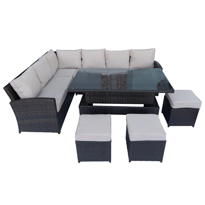 RSA002-RATT-SOFA-8SEAT-BROWN 7-Piece Rattan Effect Garden Sofa Set with Adjustable Table, Footrests and Cushions
