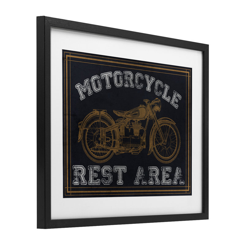 Motocyclette, aire de repos encadrée sous verre, conception de Marcus Prime, Cadre noir minuit sous verre, H 17 po x l 21 po