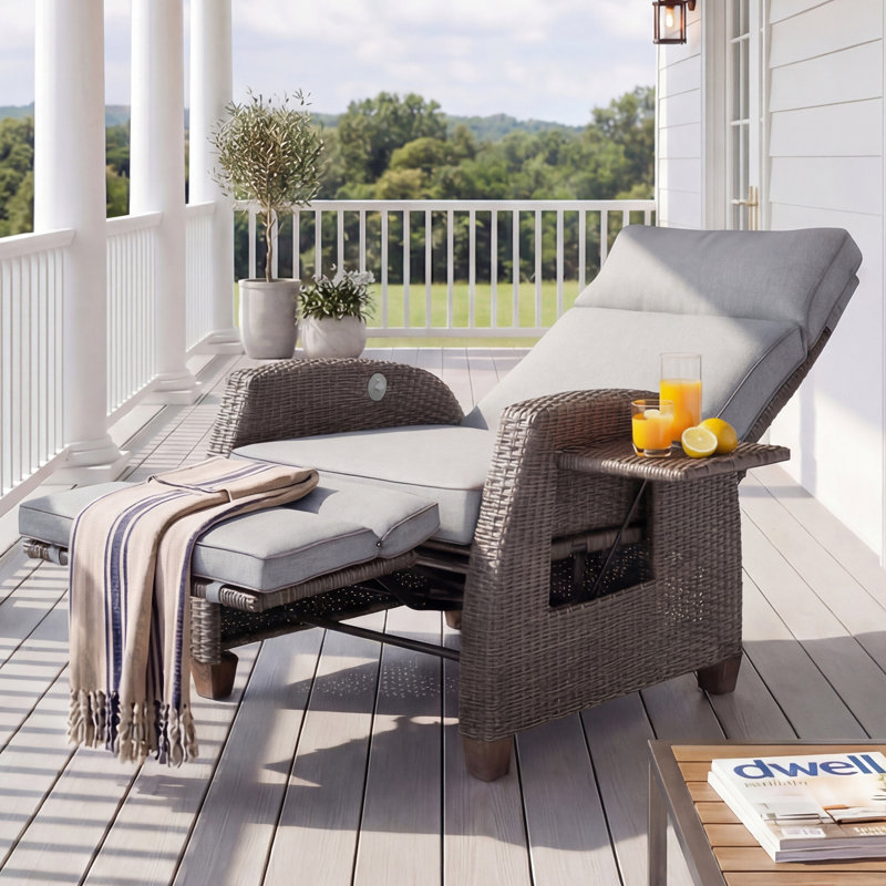 Garden Wicker Recliner Chair, Air Pump Adjustable Backrest Up to 150 Degree with Cushions, Mist Grey, Light Brown