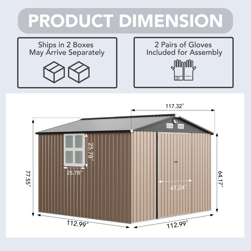 10 pi. L 10 pi. Remise de rangement en acier, brun, 112.99" H x 112.99" W x 77.5" D, Brown/Black