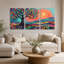 Arbre à motifs avec soleil orange tourbillonnant et ensemble de 3 toiles superposées-133443340