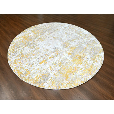 Tapis oriental rond 10 pi x 10 pi avec motif abstrait doré, en laine et en soie, à poils longs et courts, noué à la main